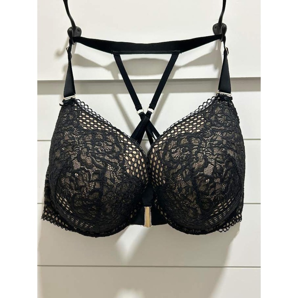 Cacique Black Lace Boost Plunge Front Close Cage Back Bra 46F A83532 - Picture 1 of 5